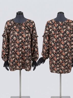Pleione Black Floral Peasant Blouse with Rust & Cream